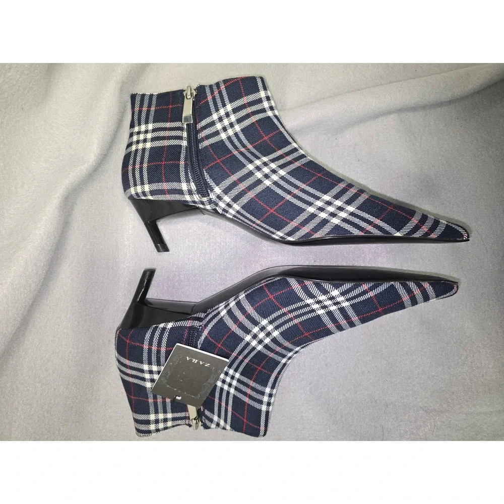 Zara Women Plaid Pointed Toe Kitten Heel Ankle Boots Size 8.5 - Picture 3 of 11